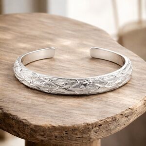 Shiny 925 Sterling Silver Reptilian Open Cuff Bangle Bracelet Thick Solid